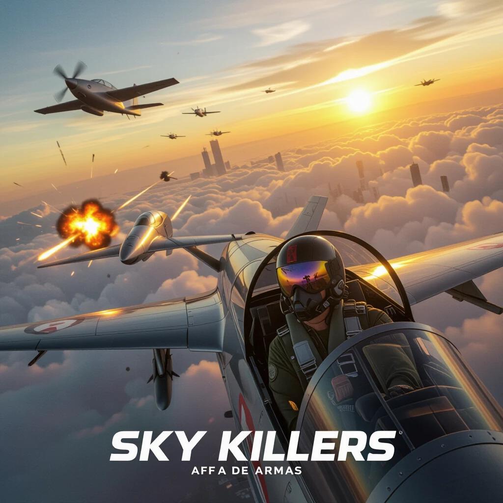 High-energy movie poster. Tom Cruise in covered cockpit gear. Ana de Armas maneuvering jet amidst clouds. Explosions from drones in distance. Golden-hour light creates dramatic atmosphere. Setting is a tech-occupied megacity skyline.