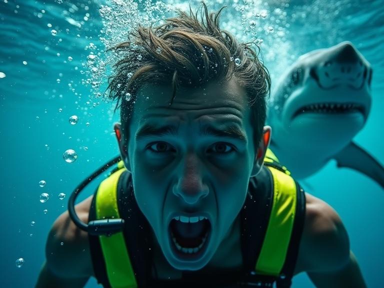 1280x720 YouTube thumbnail for underwater adventure video. Close-up of young man swimming underwater with terrified expression. Dramatic blue lighting highlights face. Great white shark in background partially obscured by bubbles. Vibrant colors enhance visualization. Bold text at the top: 'SHARK SURVIVAL TERROR!' in white with black outline for readability.