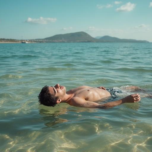 A man is lying on an air mattress in shallow water. The background features a beach and mountains.