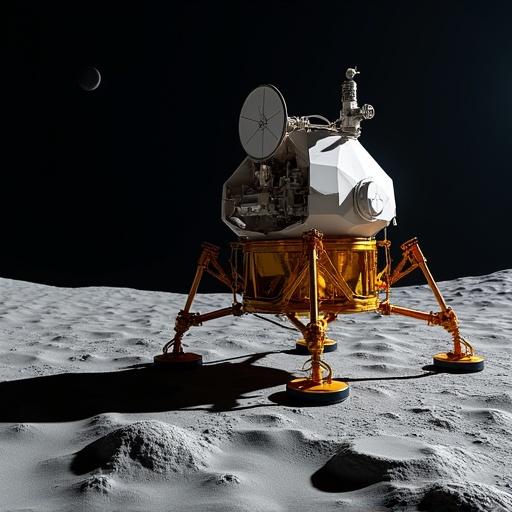 A detailed view of a lunar lander on the moon's surface with dramatic shadows and a distant celestial body.