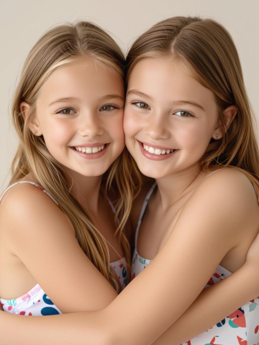 Two girls hugging while smiling at the camera, light hair, neutral background, warm friendly expressions, wearing swimsuits.