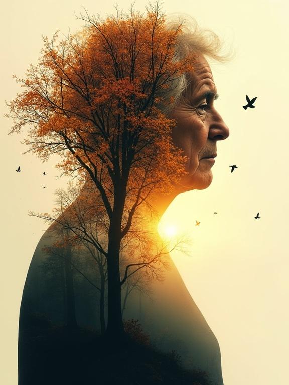 A profile silhouette formed by an autumn forest. Trees lose their leaves with golden and reddish hues. A morning mist envelops the landscape. Rays of sunlight filter through branches. Small birds fly between the trees.