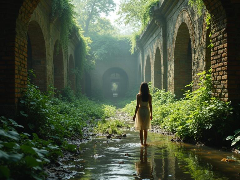 Girl in sheer dress exploring abandoned ancient city in jungle. Scene with worm brick, flooded ground, and dense vegetation. Atmosphere is calm and mystical.