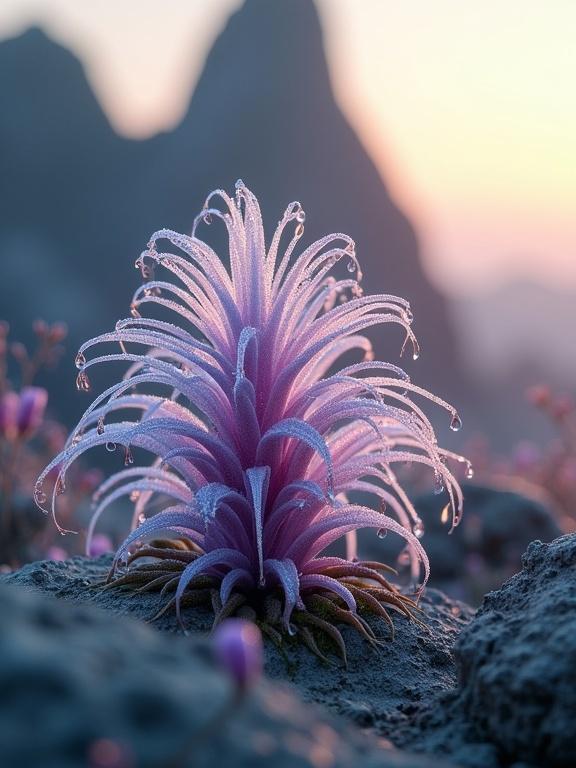 A strange carnivorous alien plant glistens at dawn. The surface has translucent filaments with bead-like droplets. The radial arms come from an iridescent core. Tendrils capture light and appear as jeweled threads. The main structure shows fractal ridges with pale violet and metallic blue. Microscopic cilia flex near alien lifeforms. The dew glows with bioluminescence. Background has ivory grasses and herbs. A jagged rock formation frames the scene in cool diffuse light. Ultra close-up captures details in high resolution.