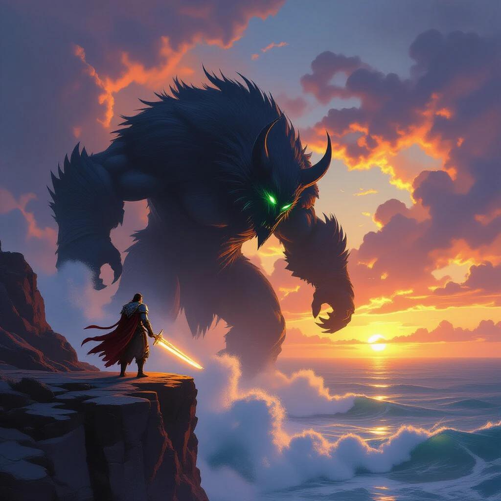 Epic battle scene on a cliffside at sunset. Colossal waves crash below. A lone warrior stands with a glowing sword facing a giant shadow beast. Dramatic clouds swirl overhead. Golden light illuminates the scene. Detailed armor and dynamic pose. Painterly textures in the style of Craig Mullins and Ruan Jia. Ultra-detailed fantasy epic art.