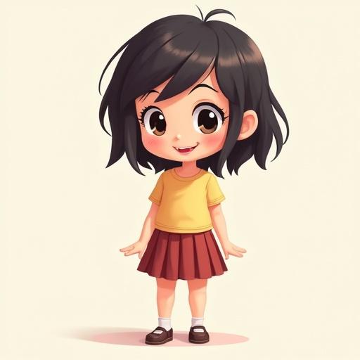 A chibi girl with a pleated skirt. The character has a cheerful expression. Hair is short and dark. Wearing a yellow shirt. Standing on a light background. The style is reminiscent of Pixar.