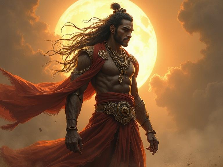 Illustration of a muscular warrior named Nahusha standing against a large moon. He has long flowing hair and is dressed in regal attire. His pose is strong and heroic, with a dramatic sunset in the background.