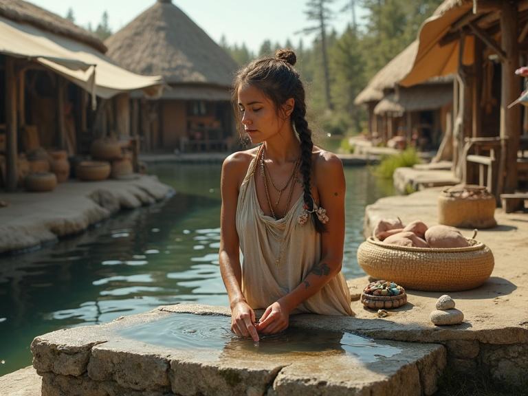 Photorealistic scene of a young woman in post-apocalyptic Bronze Age village. She stands beside a raised stone aqueduct. The aqueduct flows through the village. Woman washes handmade clothes on a smooth slab using ash soap. Skin shows texture and freckles. Tattoos in charcoal and ochre appear on her skin. She wears a dry linen tunic tied with braided plant fibers. Hair is partially braided with beads. Nearby woven baskets and laundry. Background includes wooden huts and cloth awnings. Late spring morning with warm light.
