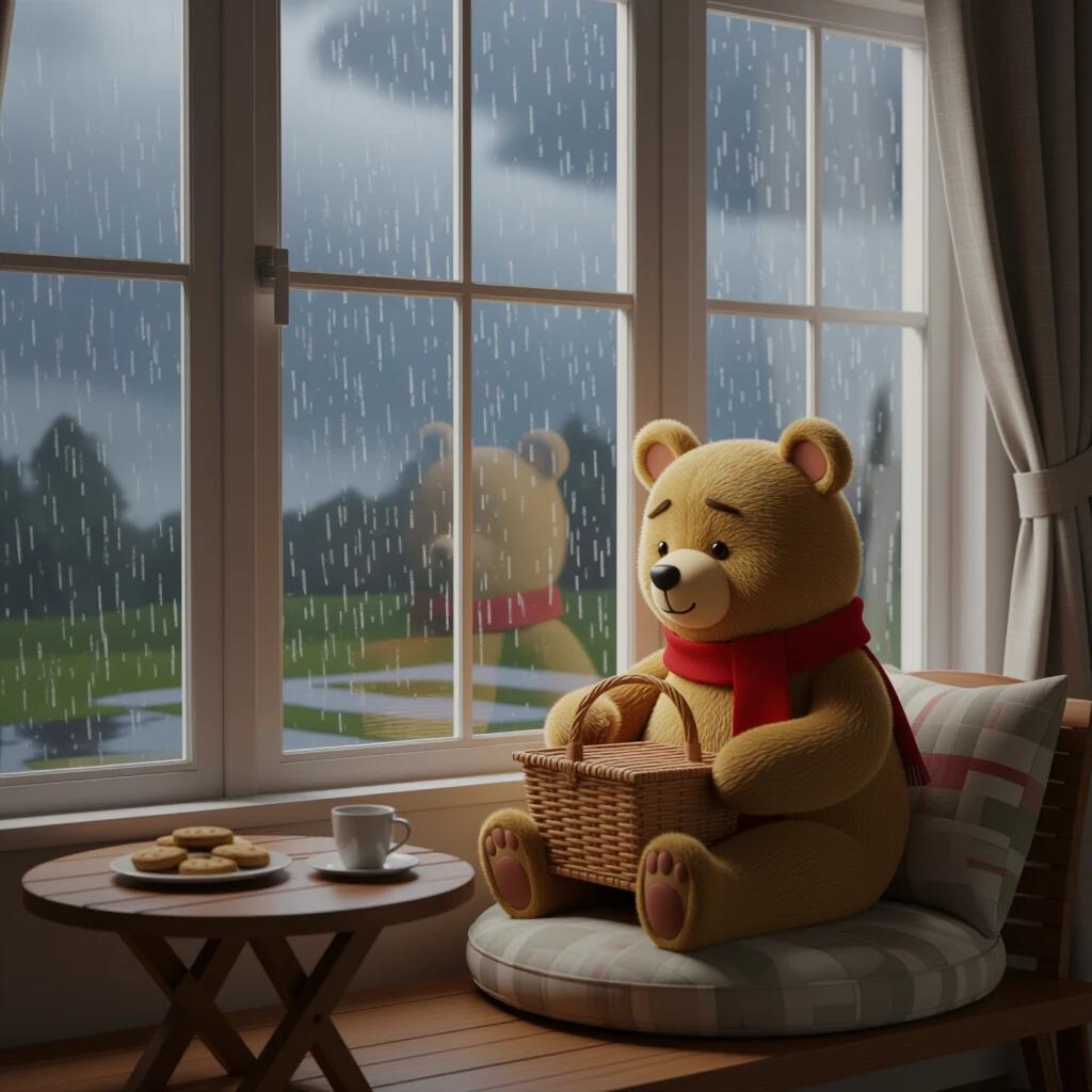 Cozy room has a large front-facing window. Raindrops stream down the glass. Lighting is dim and cloudy. Button the Bear sits on a round pillow near the window with a picnic basket in his lap. He has soft brown fur and wears a red scarf. Bear looks sad, holding a picnic basket. A small wooden table has cookies and two empty cups. Outside the window, grey clouds cover the sky.