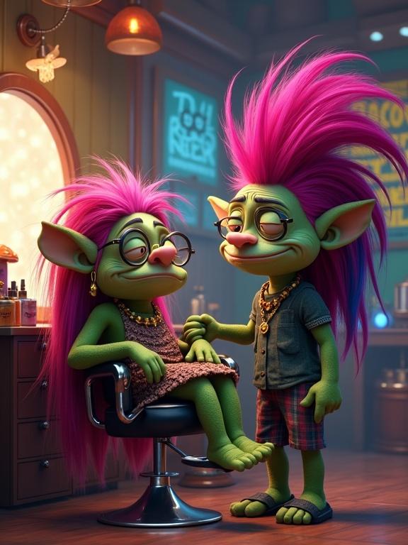 Scene depicting trolls with wild hair in a troll hair salon. An elderly female troll sits in a chair looking skeptical, features sagging, wearing a mullet hairstyle with pink highlights and accessories. The hairdresser is a flamboyant younger troll with rainbow spiked hair. Salon decorated with troll-themed posters and enchanted mushroom hair products. High-end fashion meets underground rave vibe. Humorous fantasy setting with colorful lighting and whimsical props.