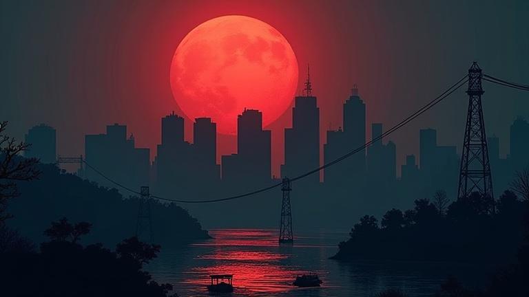 Edge of a dark city silhouette with a large red moon at night. This is meant as Hip Hop album cover art.