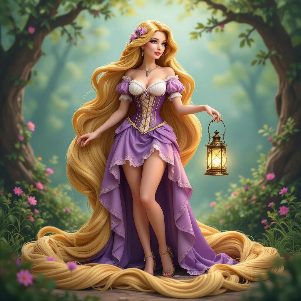 Ultra-detailed resin figure inspired by Princess Rapunzel. Sensual woman with long golden hair. She stands elegantly with a dreamy expression. Curvy body wearing a violet and gold corset with lace and flowers. Short, wavy transparent skirt shows legs. Hair spirals around her. She holds a magic lantern illuminating her face. Base has stones and flowers with lit lanterns. Detailed and magical style for resin printing.
