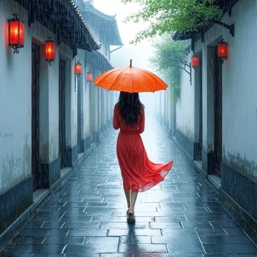 Watercolor-style depiction of a rainy alley near the Yangtze River. Wet bluestone road reflects white walls and black tiles. A girl walks with an oil-paper umbrella. Her skirt is lifted by the wind. Fine rain creates a dreamy effect. Elegant and fresh colors used with light brushstrokes. The alley is the main focus of the image.