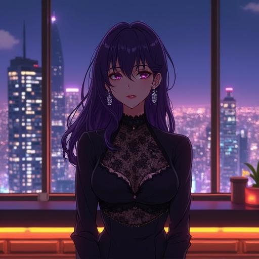 A beautiful semi-anime sexy lady with dark violet hair sits at a bar counter. She wears an elegant black lace and silk blouse with sparkling earrings and a composed expression. Behind her is a luxurious high-rise lounge with large windows revealing a night cityscape filled with skyscrapers and city lights. Warm ambient lighting casts soft shadows creating a dreamy and sophisticated mood.