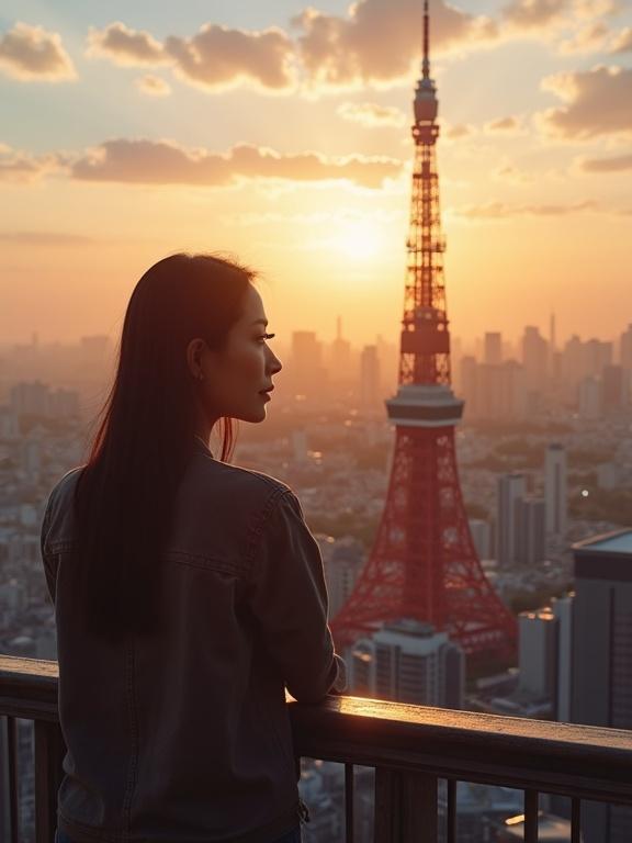 Woman leaning on a railing with a scenic view of Tokyo Tower at sunset. Silhouette against warm colors. Casual outfit, serene expression. Early evening urban atmosphere, wide cityscape in the background.