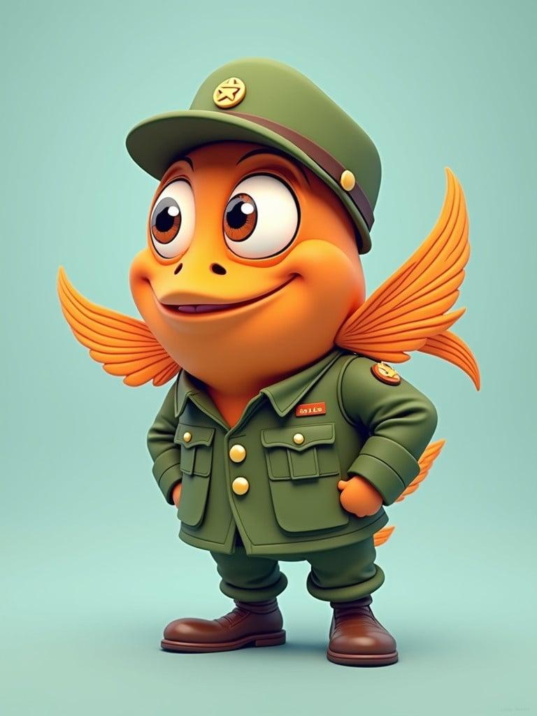 Cartoon representation of an army fish in green uniform. The fish has playful orange features and colorful details. The character looks dopey and whimsical. Suitable for children's content.