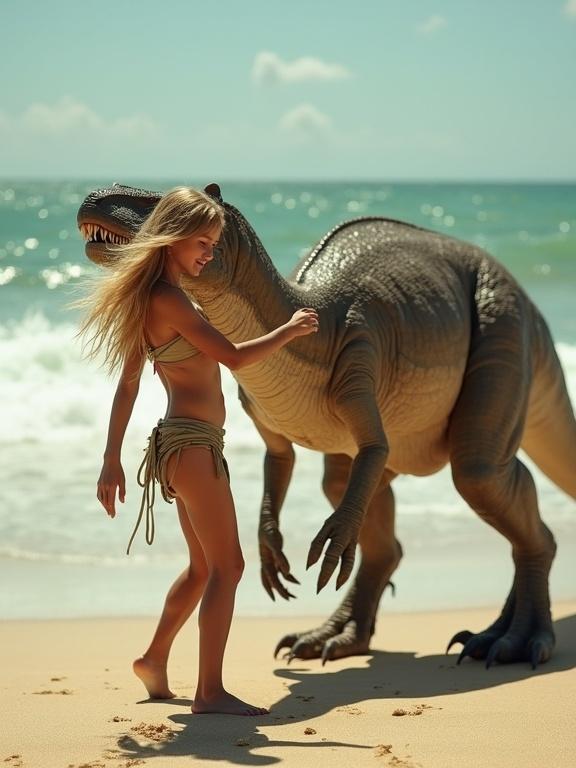 Young girl dancing on sandy beach with dinosaur. Girl has long blonde hair, sun-kissed skin. Dinosaur has teeth and slimy skin, touches girl gently. Golden sunlight, crashing waves in background. Scene is peaceful and vivid.