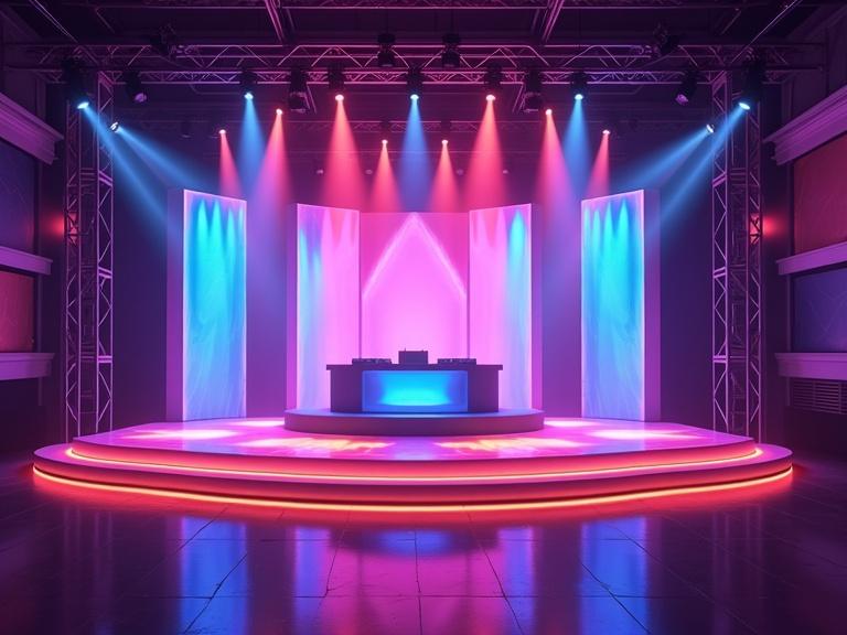 Orthographic view of a vibrant nightclub stage. Bright neon and LED lighting with an illuminated platform and dynamic light effects. Colorful geometric shapes and reflective surfaces creating a lively party atmosphere with a dance floor in front. No DJ booth visible, no people present, no brands or logos.