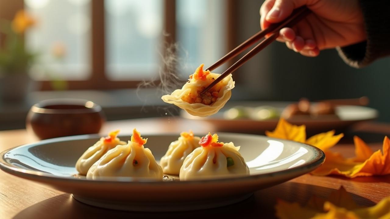 The image portrays a cozy winter scene showcasing a plate of dumplings. A hand is seen lifting a dumpling with chopsticks, revealing its rich filling. The dumplings are neatly arranged on a plate, exuding warmth and comfort. Outside the window, the first frost and fallen autumn leaves suggest the seasonal transition. Yellow leaves adorn the table, enhancing the ambiance of a family meal. The overall warm color palette creates an inviting atmosphere, perfectly capturing the essence of family reunion and joy during this time of year.