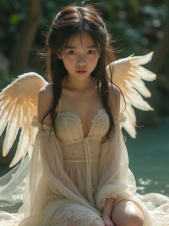 Young girl with angel wings kneeling in water wearing sheer lace dress. Ethereal atmosphere with soft lighting. Features include pale skin and babyface. Style blends fantasy and fairy tale themes.