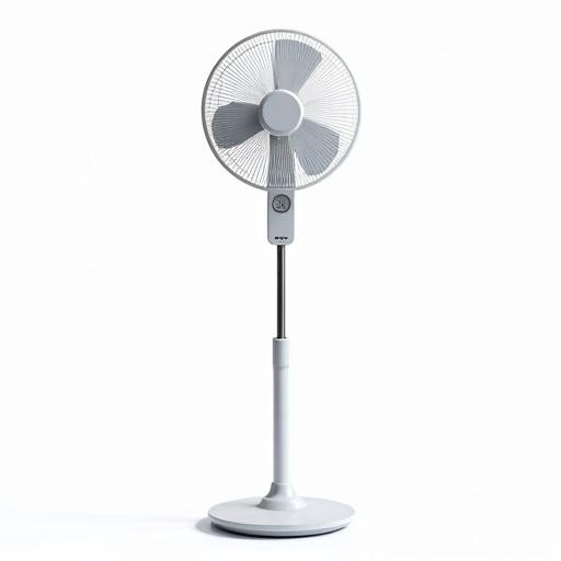 Image of a stand fan in a modern design with a white background. Fan has a sleek and simple appearance. Focus on the structure and base of the fan.