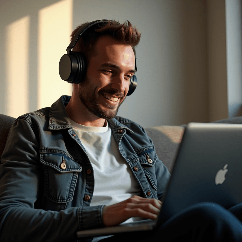 A man wearing headphones is smiling at his laptop in a sunlit room.