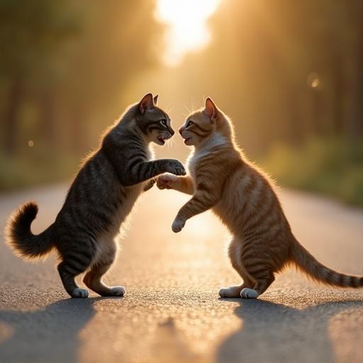 Two cats in a tense standoff on the road. Warm golden sunlight creates a dramatic atmosphere. Realistic details in fur and expressions. Afternoon setting captures a unique moment.