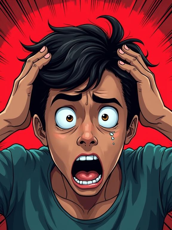 Person expressing fear and anxiety. Features wide scared eyes and hands clutching head. Sweaty drops flying. Bright red alarm background. Drawn in comic book style.