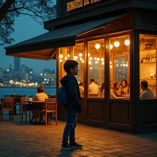 Scene set in Puerto Madero Buenos Aires at night in 2012. A boy around 11 years old stands outside a brightly lit restaurant observing quietly. He wears a blue backpack, a hoodie, tattered jeans, and worn sneakers. His expression is curious and yearning. Inside, warm yellow lights illuminate the tables with waiters serving food and clinking glasses. The background features a blurred river, enhancing the atmosphere.