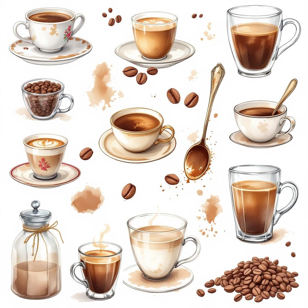 Collection of watercolor coffee clipart. Features various coffee cups and mugs with coffee inside. Includes coffee beans and coffee stains. Background is plain white. Vintage style aesthetic is present throughout the images.