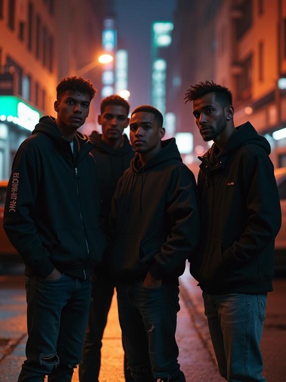 Photorealistic image depicting a group of four young men in dark hoodies and ripped jeans. They stand together in a New York City street at night. The scene is dimly lit by streetlights. The men have a confident and somewhat aggressive demeanor. The setting reflects a modern urban lifestyle without any hint of violence.