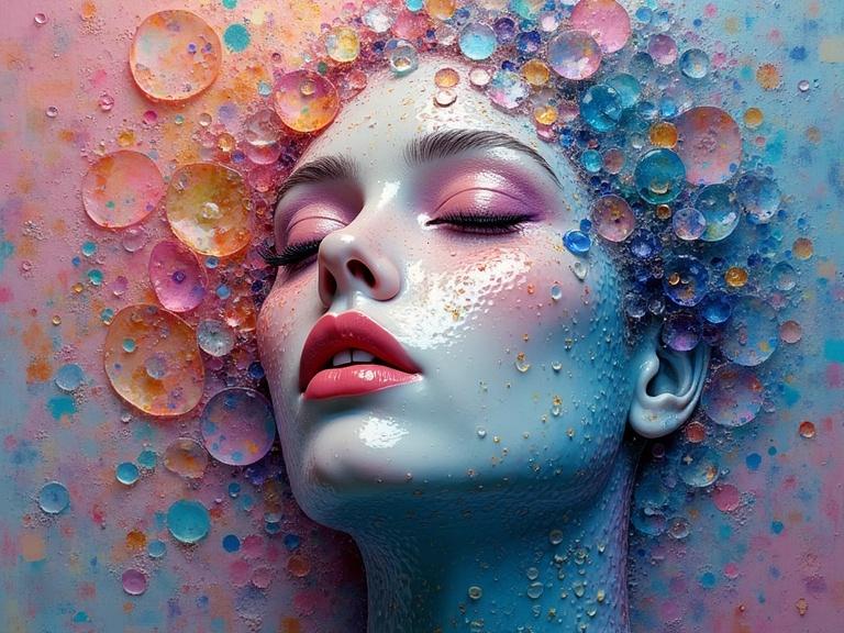 3D iridescent ceramic tile and glass mosaic mixed media art. Abstract design with a splashed face. Ethereal, colorful bubbles blend with the face in a dreamy composition.