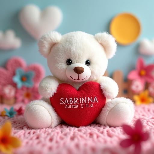 Photorealistic image of a white teddy bear Siting upright. The teddy bear holds a red heart pillow. 'SABRINNA' is embroidered in red. Background features pink knitted prairie. Yellow cotton sun and light blue fabric sky. Colorful paper flowers in heart shapes scattered. Composition is simple with close-up view.