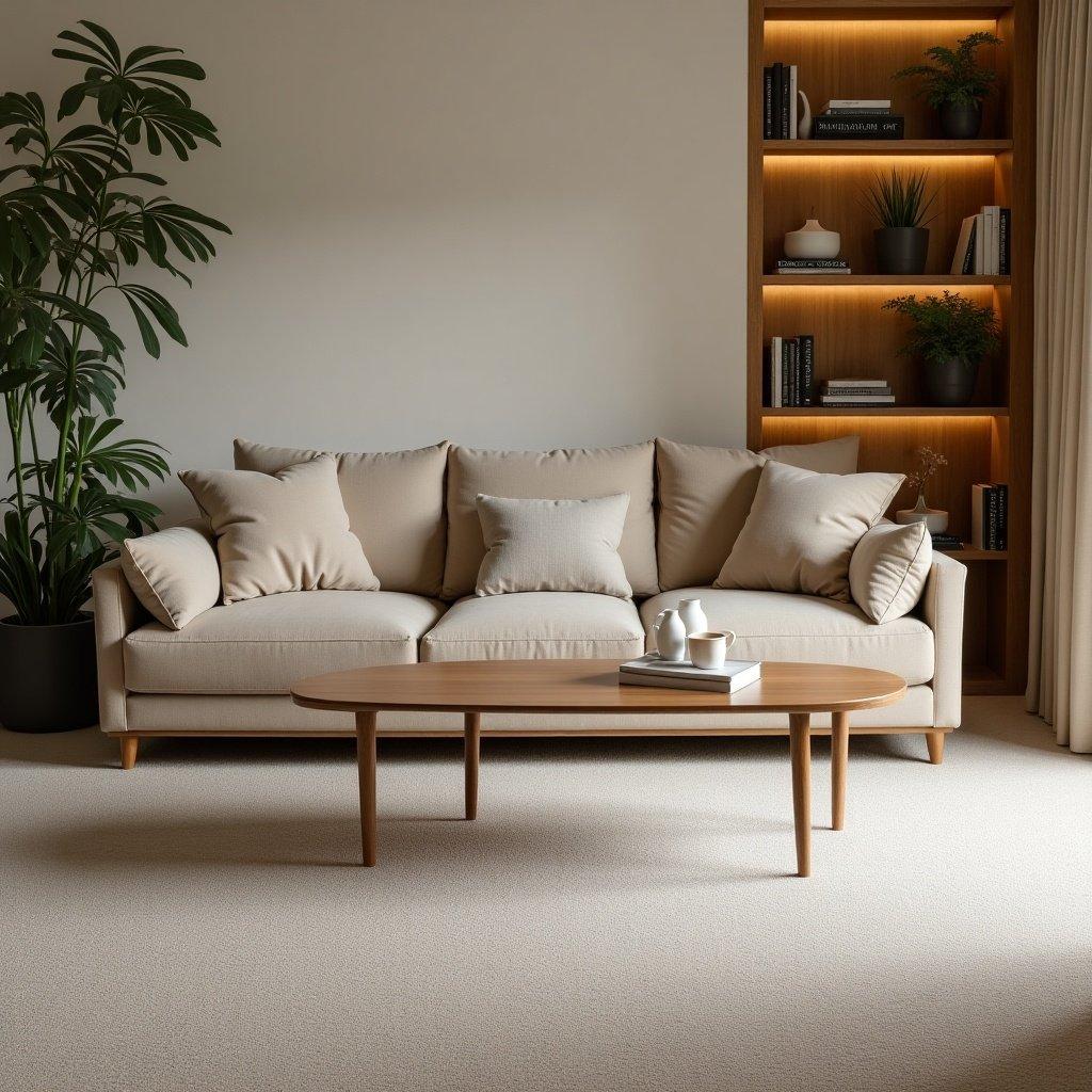 Cozy living room with natural light. Comfortable beige sofa with neutral pillows. Minimalist coffee table in front. Lush green plants accent the room. Neatly arranged bookshelf in the background. Soft warm tones create tranquility.