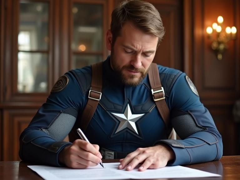 Captain America in a blue costume seated at a wooden desk, focused on signing papers with a pen.