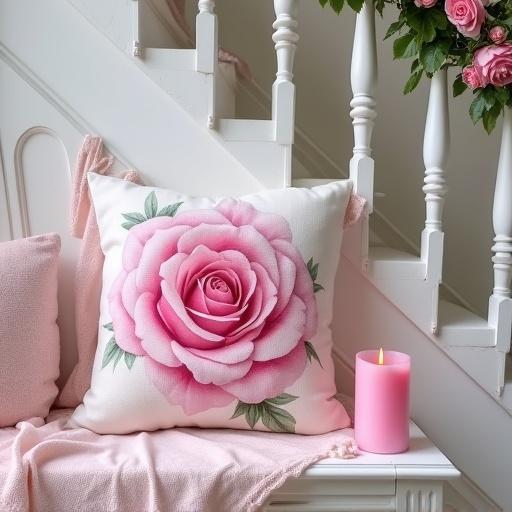 A pink rose print pillow lies on a white bench beside a pink lace fabric and a pink candle. The staircase presents a pink rose garland on the banister.