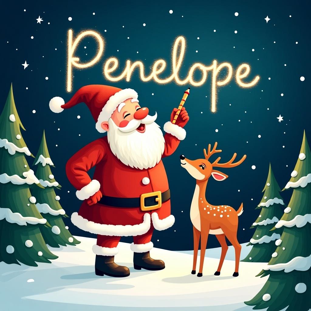 Santa Claus joyfully writes names in the night sky in a snowy landscape. Tall evergreen trees surround him. A playful deer stands beside him. The text 'Penelope' sparkles in the scene. The illustration radiates warmth and holiday magic.