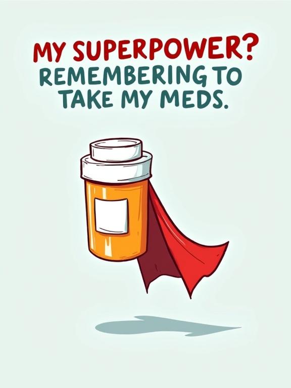 Playful illustration features a pill bottle with a superhero cape. The bottle appears to be flying in the air. Accompanying text reads: My Superpower? Remembering to Take My Meds.