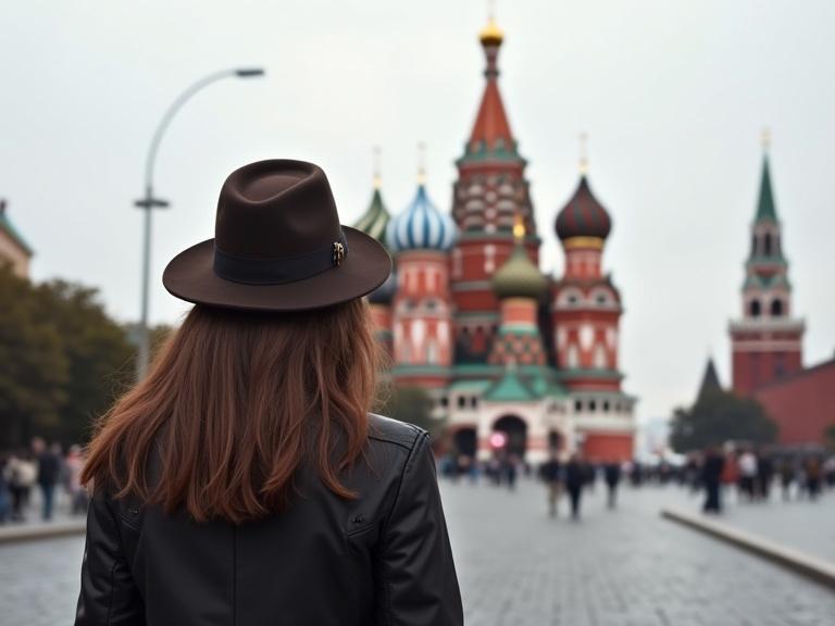 Photorealistic portrait of a woman in a hat. Woman stands 20 meters away. Moscow Kremlin is in focus. Bright natural lighting and deep depth of field.