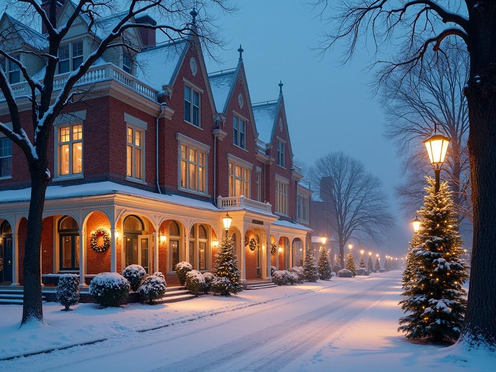 A beautiful winter scene features a stunning historic building adorned with soft, warm lights. The snow-covered street is lined with decorative lampposts that create a cozy atmosphere. Evergreen wreaths and twinkling lights enhance the festive charm of the architecture. The scene is enveloped in a serene blue twilight, giving it a magical touch. No people are present, allowing the viewer to appreciate the tranquil setting uninterrupted.