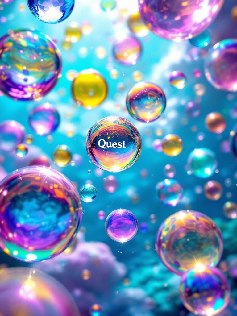 Many colorful bubbles float above the Caribbean Sea. Some bubbles have the word Quest inside them. Bubbles vary in size and color. Sunlight reflects off bubbles creating a vibrant appearance. The turquoise waters of the Caribbean provide a serene backdrop.