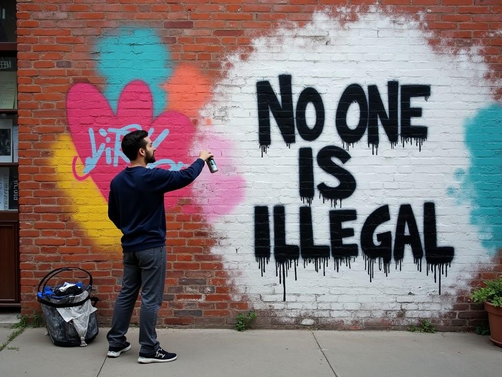 A person spray painting the phrase 'NO ONE IS ILLEGAL' on a brick wall with colorful graffiti, representing a social justice theme.