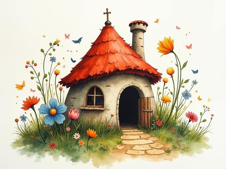 Pixie house hidden among colorful flowers. Whimsical and enchanting scene. Inspired by various art styles and watercolor techniques. Ethereal and cinematic feel created with expressive design elements. Fine-tuned watercolor with splashy white space surrounding the house.