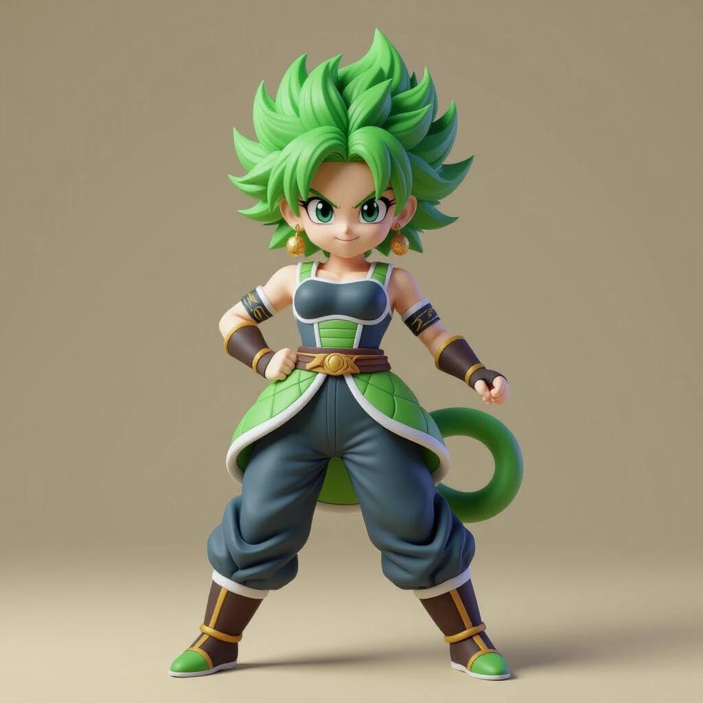 Stylized representation of a female Dragon Ball character inspired by Broly. Character has vibrant green hair and a fashionable outfit. Posing confidently with a playful expression. Background is simple to enhance focus on the character.