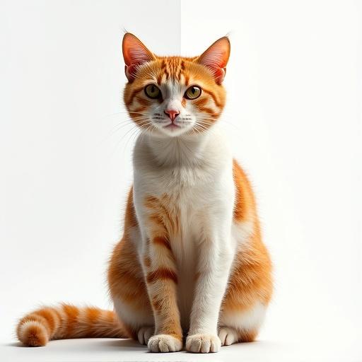 A single cat is presented in a split-screen style. Its form is bisected, one side painterly and soft, the other vibrant and clean. The cat sits elegantly bridging both styles.