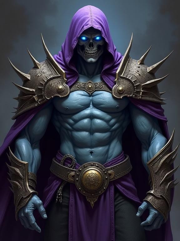 A digital painting depicting a muscular humanoid figure with a skeletal face and blue glowing eyes. The figure is dressed in a dark purple hooded cloak and ornate armor adorned with spikes. The background is dark and shadowy, emphasizing the figure's imposing stature. His skin is pale blue with a stern expression. The armor features gold accents and a large central medallion. The artwork evokes a mysterious, fantasy-themed atmosphere.