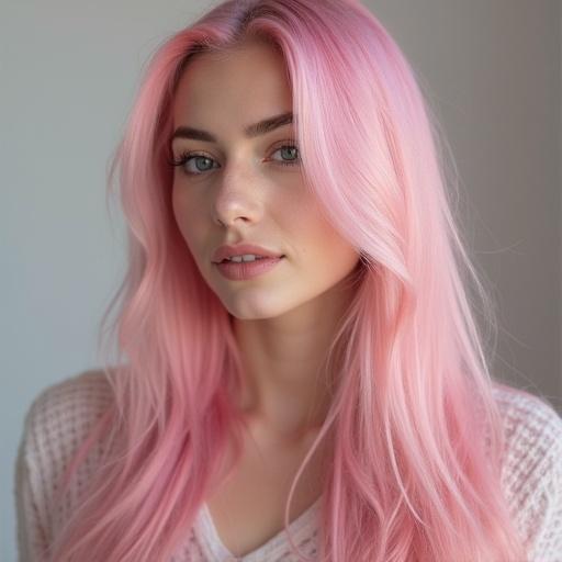 Portrait of a young woman with straight pastel pink hair. She is wearing lingerie and has a serene expression. The background is softly lit and neutral in tone.