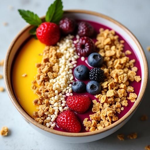 A colorful smoothie bowl with vibrant layers of tropical fruits including mango and berry. Topped with granola and fresh raspberries, blueberries, and blackberries. Decorated with mint leaves. Healthy and visually appealing. Perfect for breakfast.