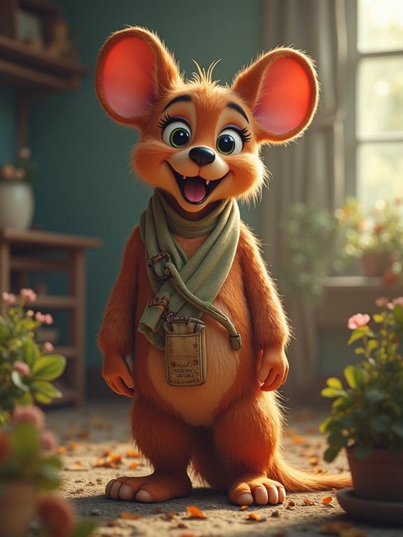 A whimsical animated character resembling a cute mouse. The mouse has big ears, a joyful expression, and is dressed in a small satchel. Surrounding plants and a cozy background create a warm atmosphere.