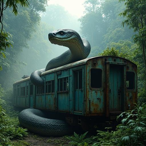 A massive giant snake with intricate detailed scales coiled around an abandoned rusted train in a misty Amazon rainforest. The snake glistens with texture reflecting ambient light. Its head raised high with glowing eyes surveys the surroundings. The train shows faded blue-green paint and rust with broken windows and twisted metal. Vines and moss cover the train, blending it into the jungle. The rainforest background features towering trees, tangled vines, and swirling mist with sunlight beams casting a dreamlike glow. The composition is cinematic, with soft yet dramatic lighting.